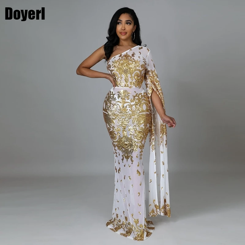 

Sparkly Sequin Evening Sexy Dresses Women Long Sleeve One Shoulder Sheer Mesh Maxi Bodycon Dress Wedding Night Club Party Dress
