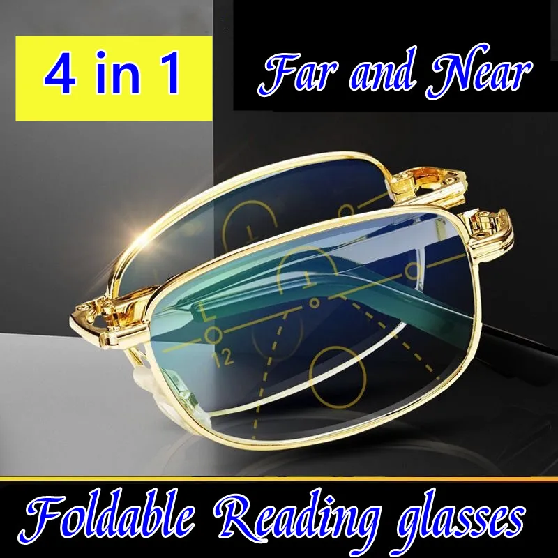 

Luxury Bifocal Folding Reading Glasses With Leather Box Unisex Collapsible Metal Lenses Farsighted Eyeglasses Diopter Glasses