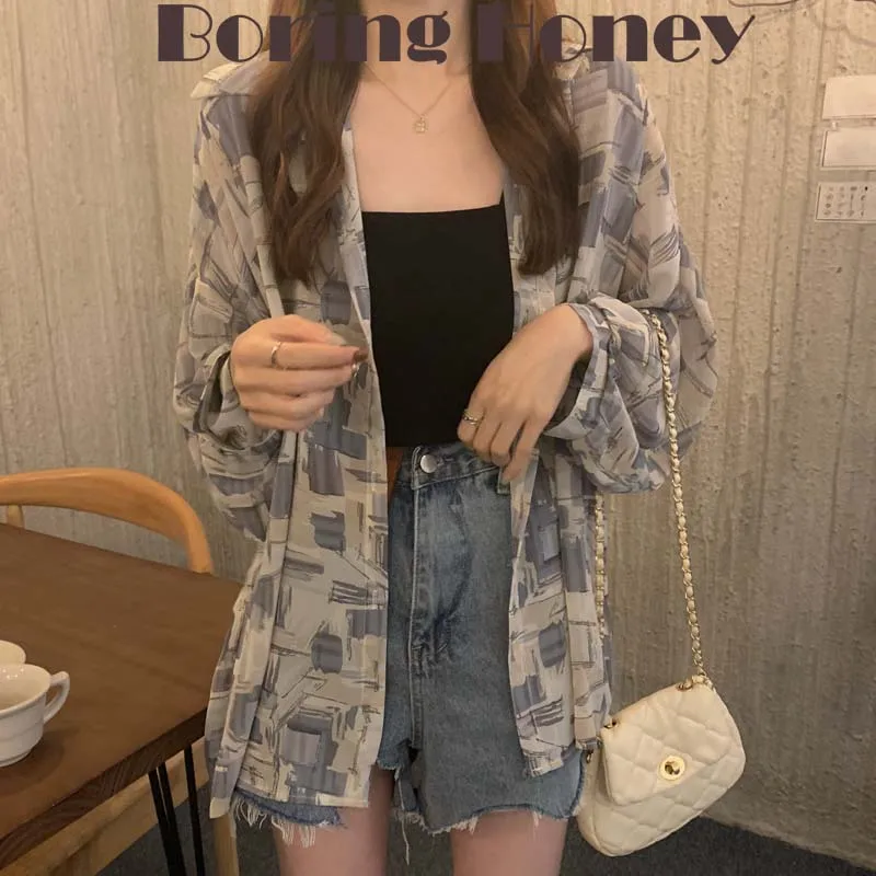 

Boring Honey Summer Hong Kong-Style Retro Shirt Sunscreen Clothing Beach Outing Fashion Tie-Dye Scrawl Long Sleeve Women Clothes