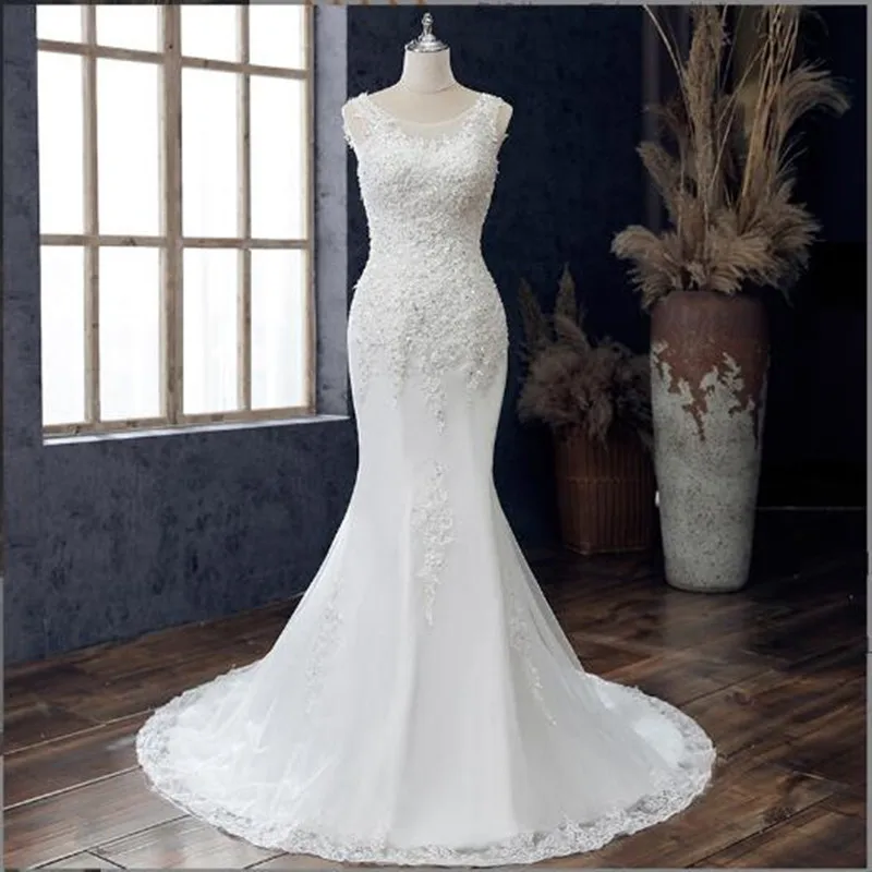 Купи Mermaid Women's Sleeveless Wedding Dresses Backless Vestidos De Novia Lace Appliques Robe De Mariée Wedding Bride Gowns за 6,350 рублей в магазине AliExpress