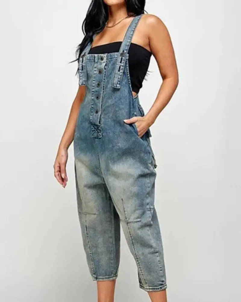 Fashion Denim Suspender Jumpsuit 2023 Summer Casual Pocket Design Buttoned Square Neck Sleeveless Daily Women's Denim Rompers