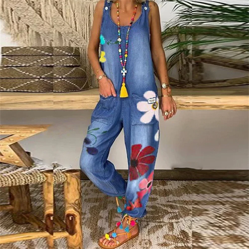 

Floral Print Women Denim Jumpsuits Women Basic Overalls for Women Loose BF Chic High Street Wide Leg Denim Pants Jeans Overalls