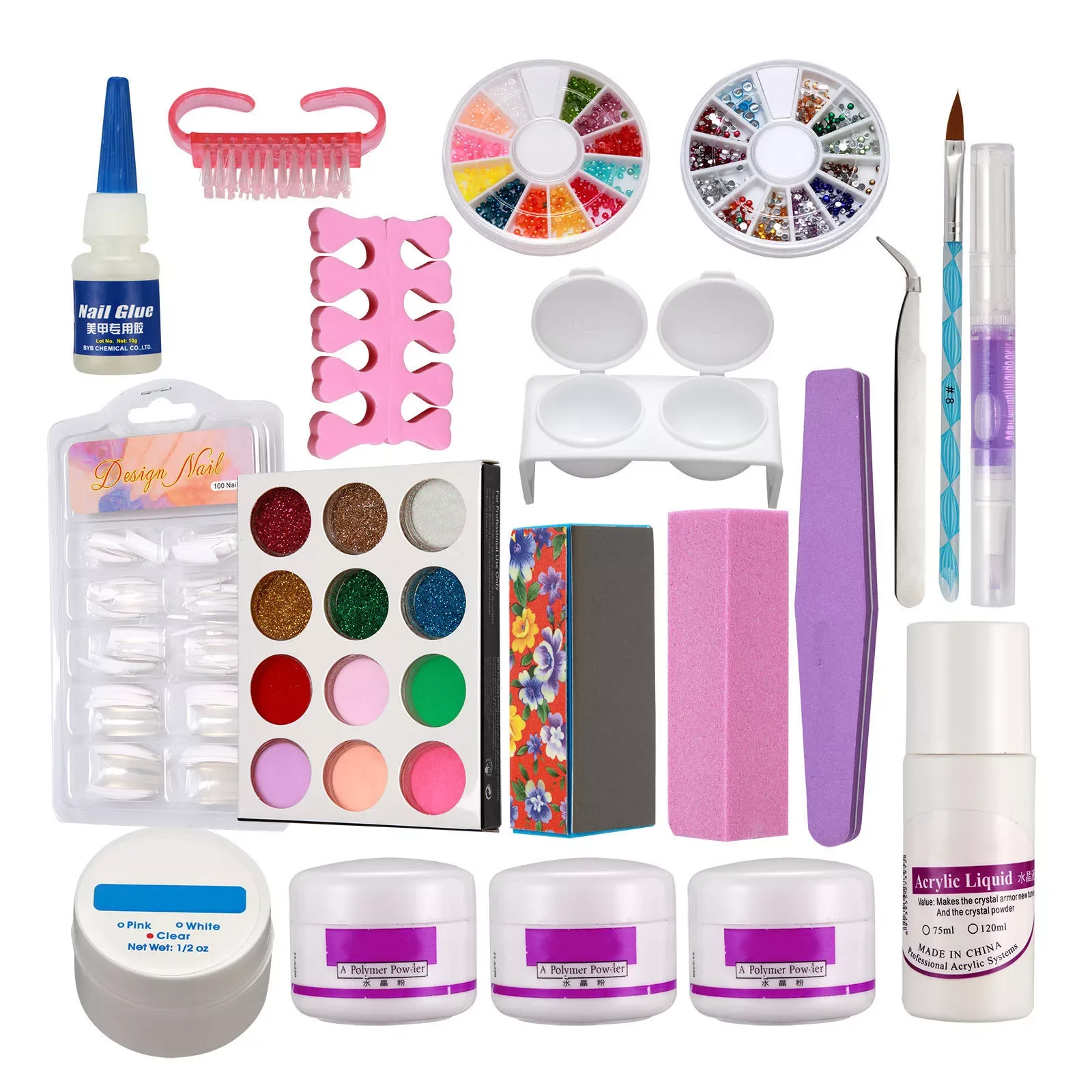 

NEW2023 Acrylic Powder Liquid French Nail Art Brush Glue UV Tips Tools Kits Set #189