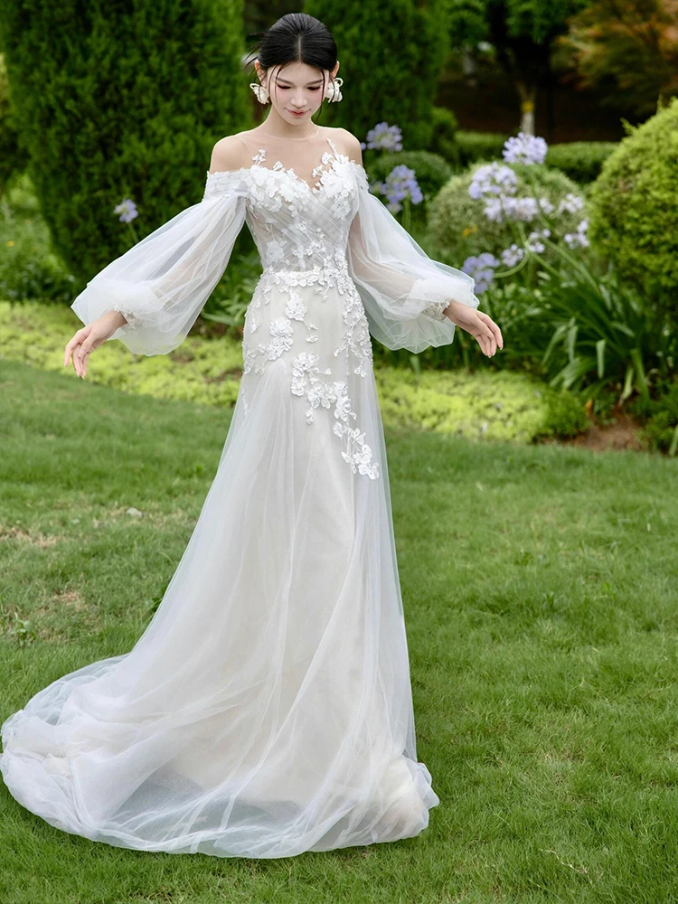 French sle off-Shoulder Light Wedding Dress Mori look Immortal High-Grade Lace Long sleeve Welcome Formal Bri...