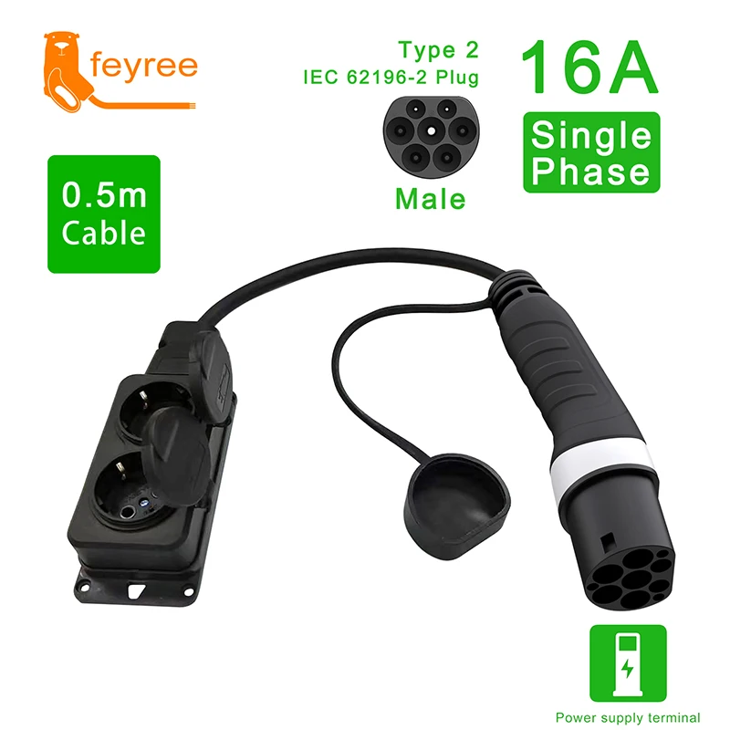 feyree Type2 Cable 16A 3.5KW Power Supply Side Male Charger Plug to Schuko Socket Charging Adapter for Electrical Vehicle
