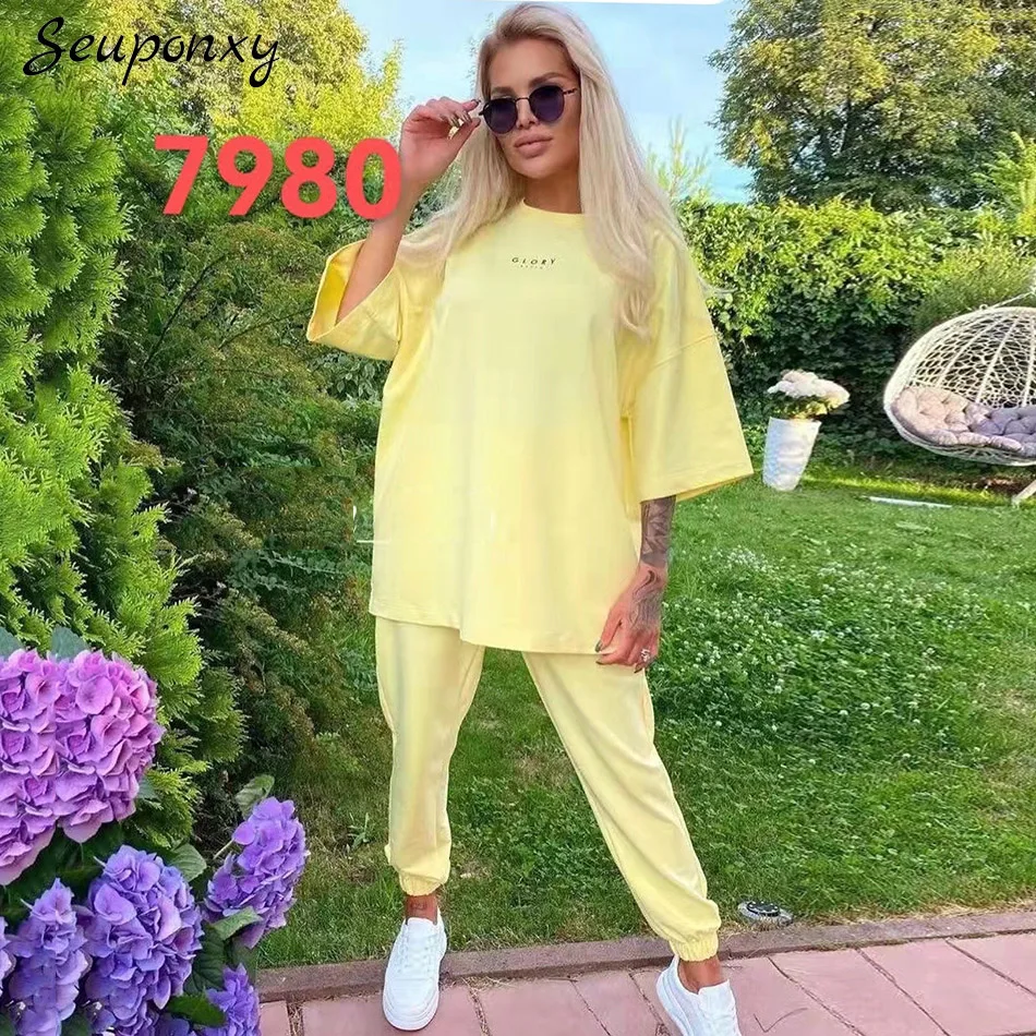 

Женский Повседневный комплект из 2 предметов, свитер с круглым вырезом и свободные спортивные брюки с высокой талией, лето 2022