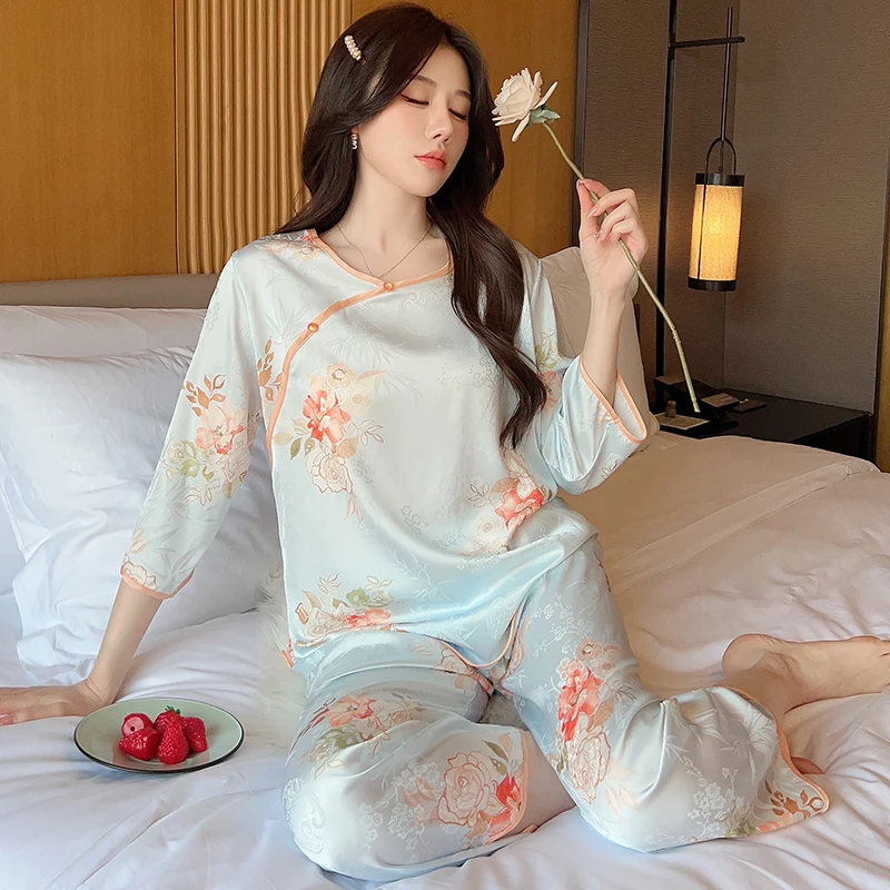 Funishi Women's Pajamas Ice Silk Cardigan Suit Sweet Cardigan lace Cute Summer Sleepwear пижама женская Tang style