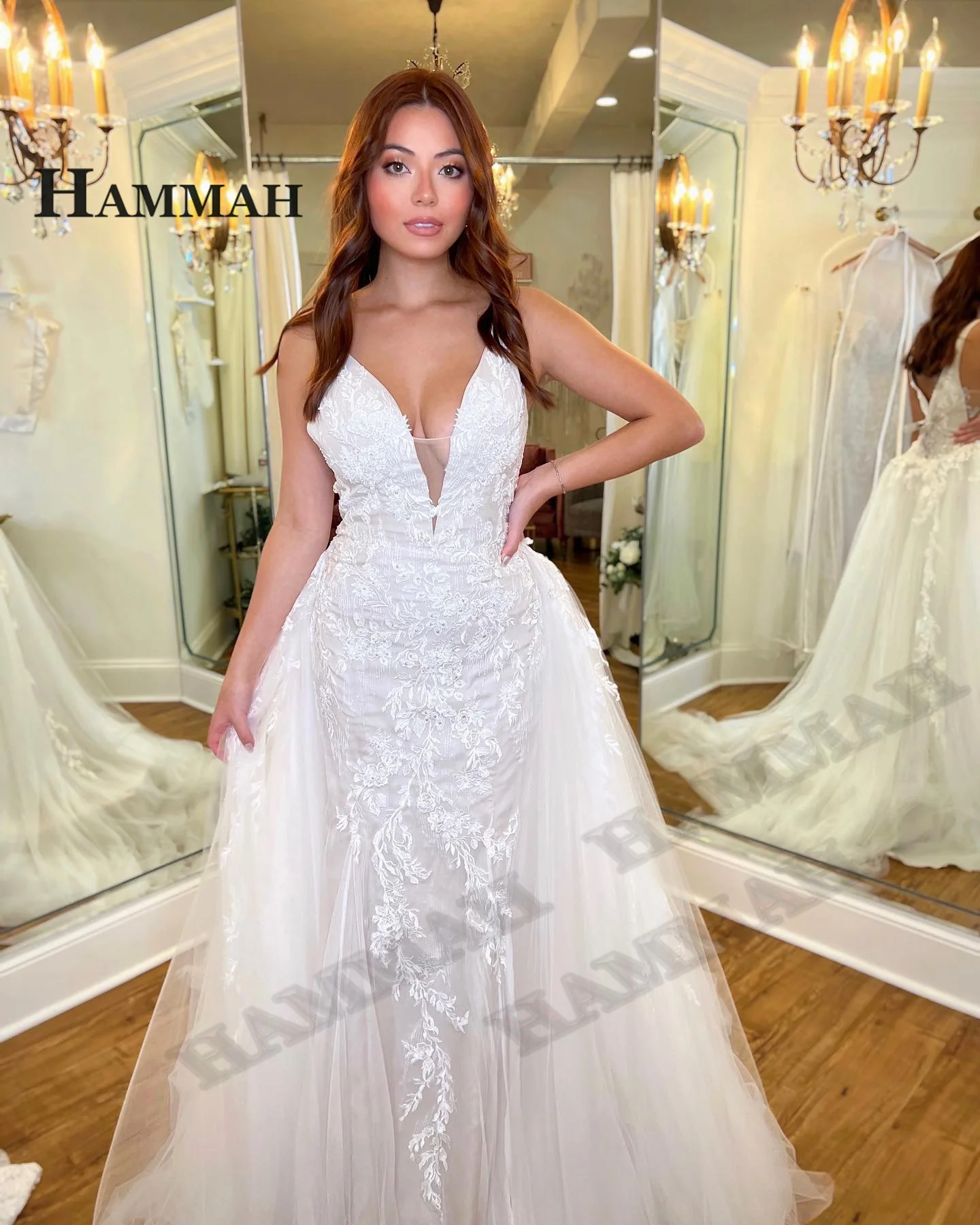 

HAMMAH Tank Fairytale Wedding Dresses For Bride Appliques Detachable Train Deep V Neck Sleeveless Zipper Robe De Soirée De