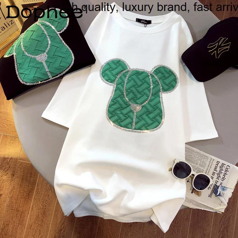 

Cartoon Exquisite Rhinestone Cotton Brushed Short Sleeve T-shirt Women 2023 New Spring Summer Clothes Loose Oversized Tshirt Top