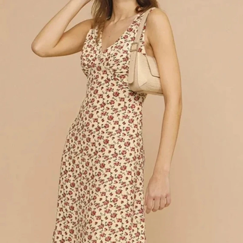 

Floral Print Women Viscose Sleeveless Slip Dress V-neck 2022 new high Waist Prairie Chic Ladies Sling Robe