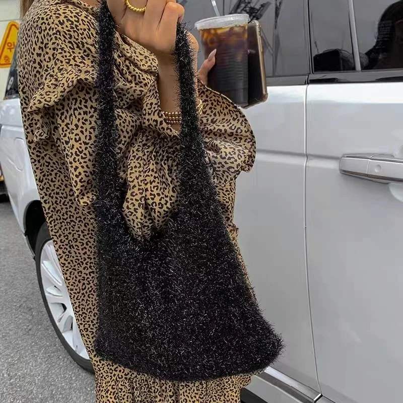 

Милая стильная блестящая вязаная сумка-тоут на плечо от firmранчо, привлекательная нишевая женская сумка, модный вместительный кошелек для покупок с блестками