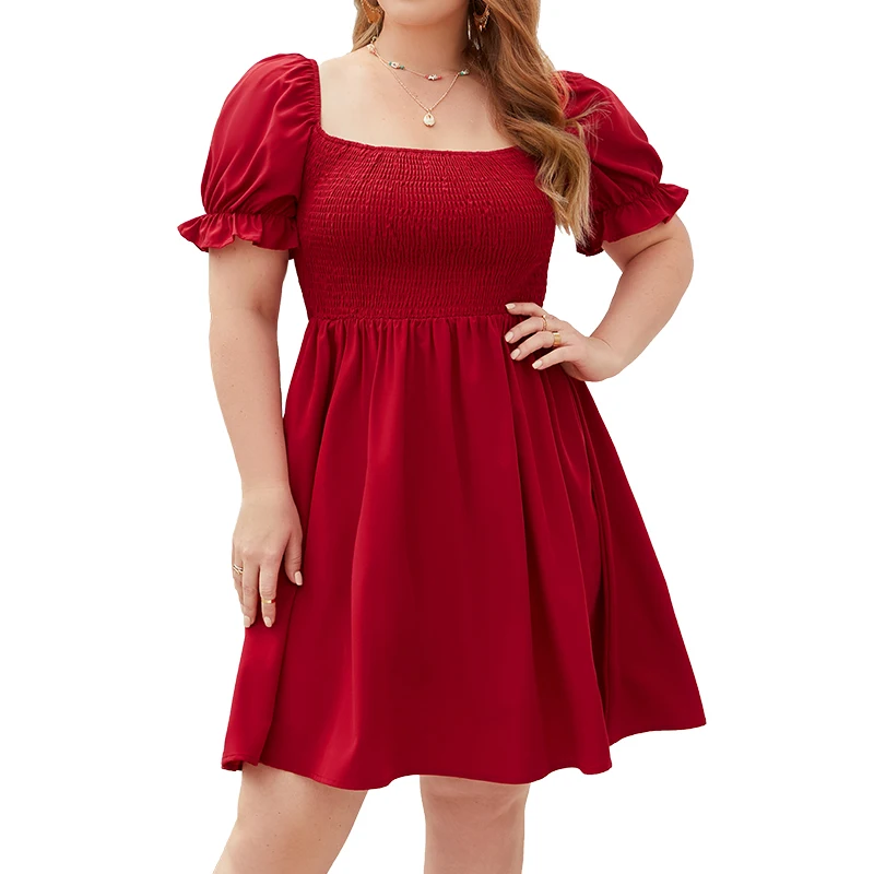 

Elegant Large Dress Women 2023 Red Puff Sleeve Casual Female Clothes Square Collar Folds Plus Size Short Dress Ladies Summer