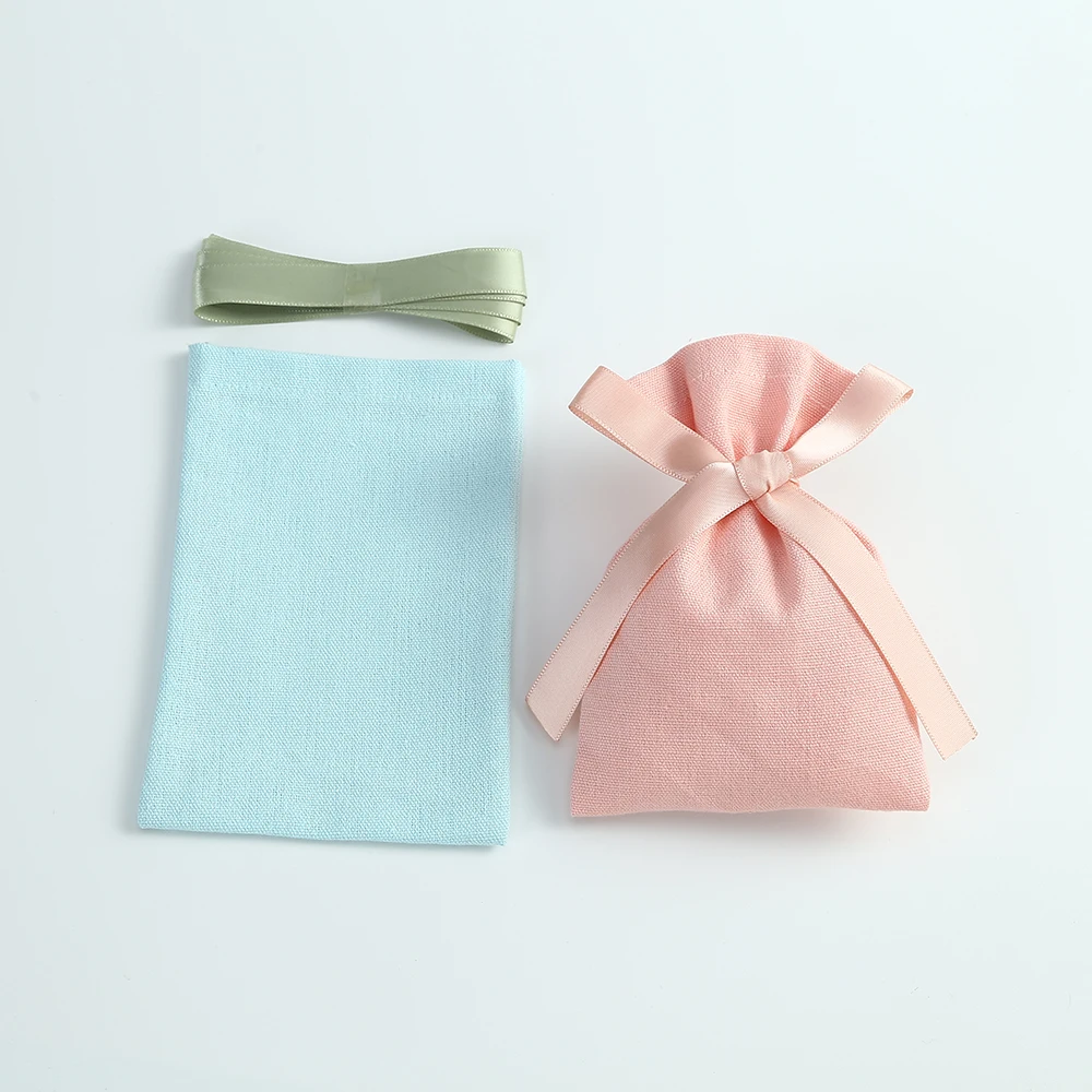 50pcs Multicolor Cotton Burlap Bucket Jewelry Bag with Ribbon Small Pouches for Wedding Christmas Candy Bag Custom Logo Mariage