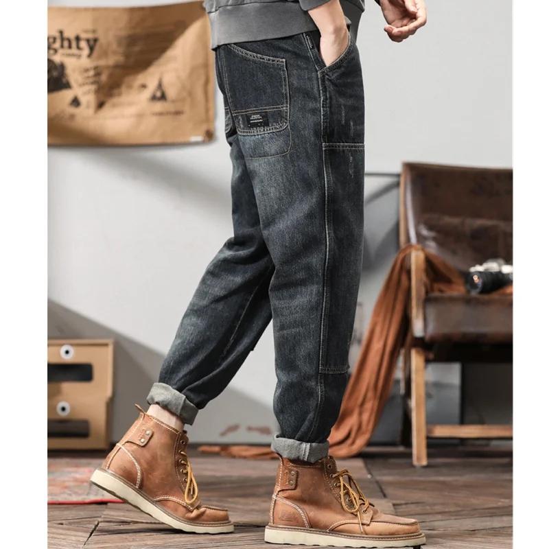 Men Clothing New Pattern Recreational Vintage Bluish Grey Jeans Splicing Straight Cylinder Loose Street Trousers Autumn Female