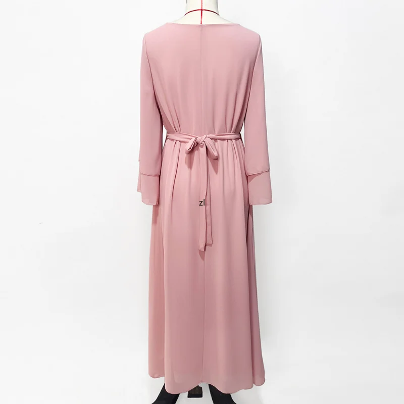 Women's Dresses Luxury Floral Rhinestone Belted Kaftan Double Layer Chiffon Flare Sleeve Party Evening Dress