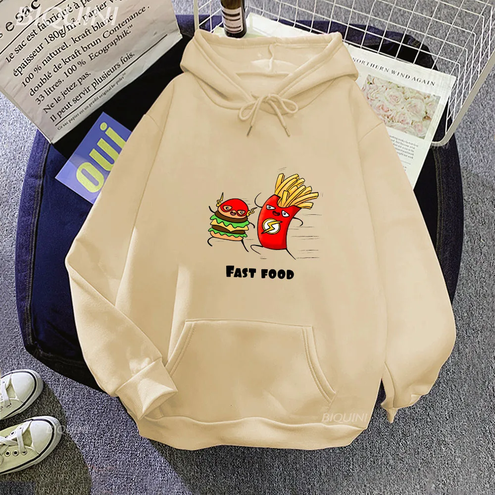

Fast Food Burger and Fries 2023 Hoodies Women Fashion Cartoon Printed Tops Harajuku Sweatshirts Female Hooded Streetwear Casual