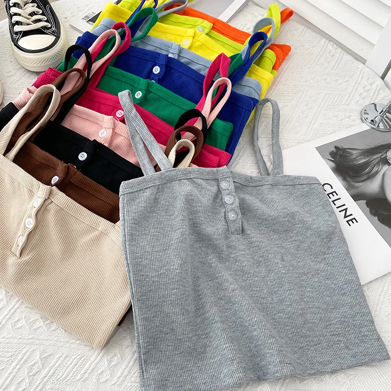 

Basic Retro solid casual three-button slim fit and stretchy short camisole with a bottoming Tops Korean Summer Cami Women Tops