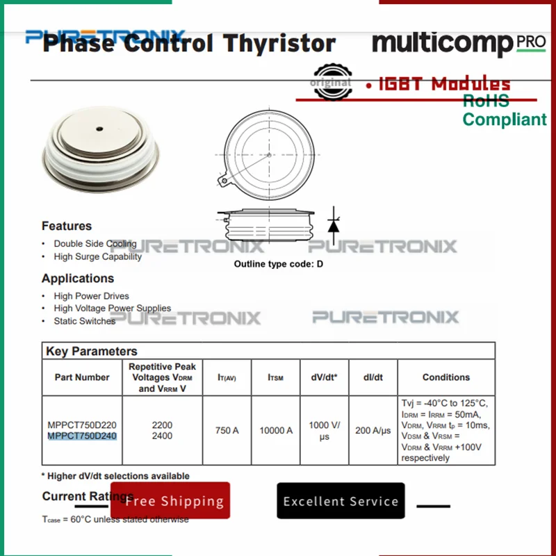 

MPPCT750D240 MPPCT750D220 Бесплатная доставка Новый оригинальный тиристорный модуль