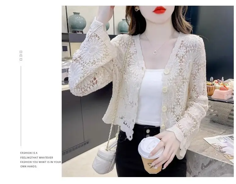 Шаль летняя верхняя одежда кардиган женская тонкая вырезанная вязаная маленькая