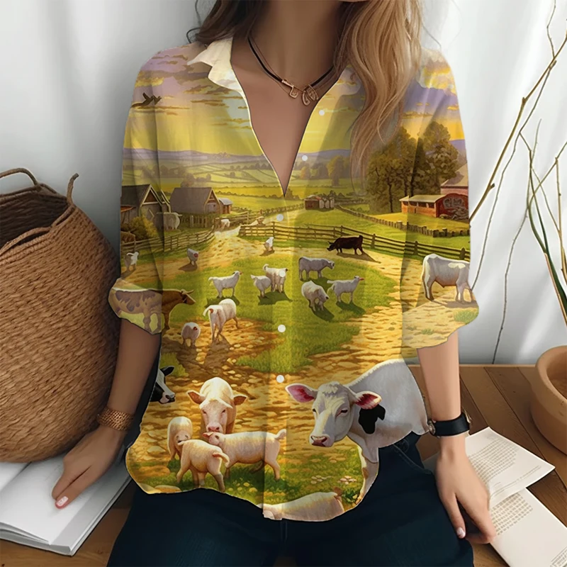 

Ranch 3D Printing Shirt Fashion Large -size Shirt Women's Loose Leisure Shirt Spring and Autumn Outdoor Simple Long Sleeve Shirt