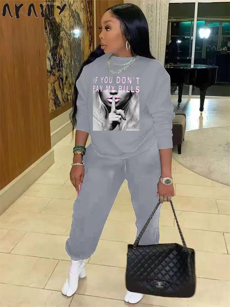 

Осенний черный костюм Akaily из 2 предметов с принтом, женский спортивный костюм, свободная толстовка с длинным рукавом и штаны от пота 2022