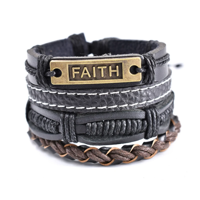 

Retro Weave Bracelet Set for Women Jewelry Fashion Leather Letter Faith Wrap Bracelet for Men Metal Waxy Thread Hand String Set