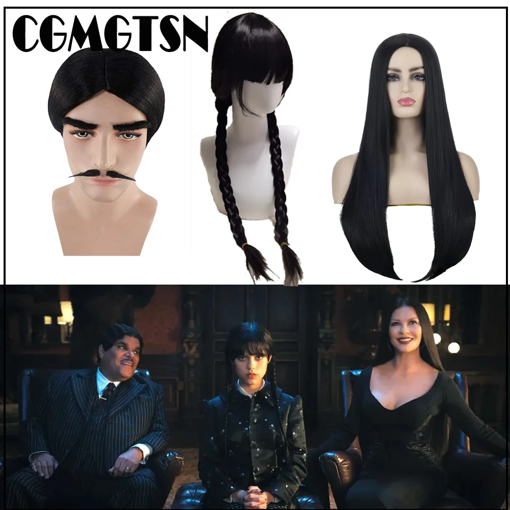 

CGMGTSN Wednesday Addams Family Cosplay Costume Women Long Hair Wig With Bangs Braided Gomez Morticia Mom Wigs Halloween Props