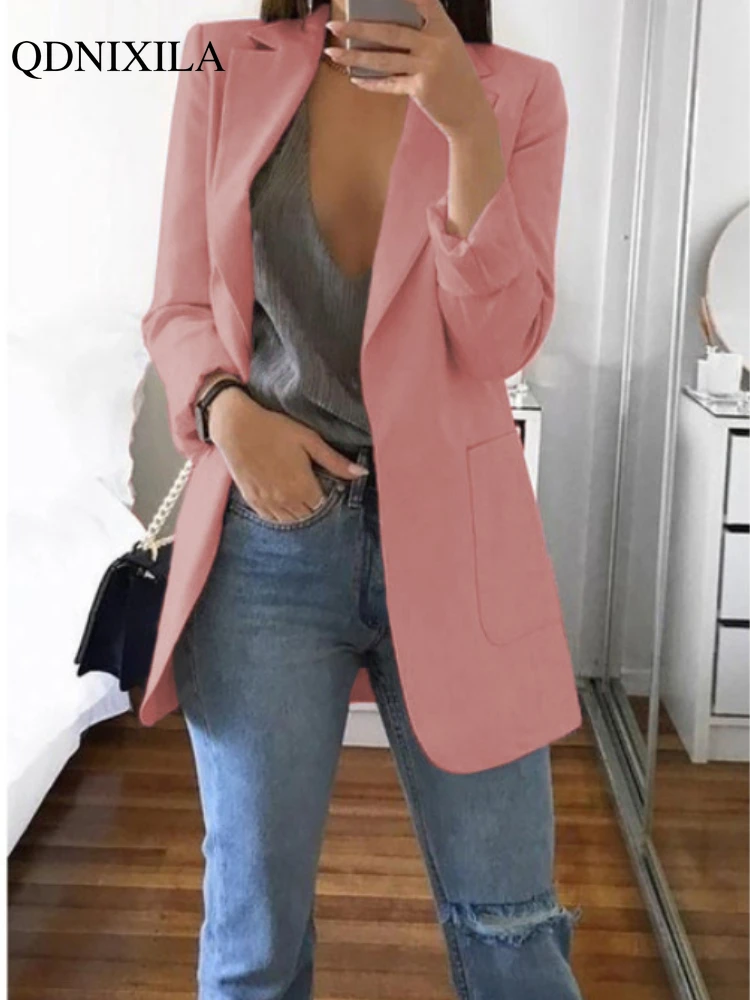 

2023 Spring New Women's Jacket Pink White Long Blazer Oversize Elegant Fashion Casual Office Wear Female Slim Cardigan Suit Coat