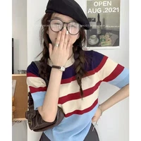 contrast color thin short sleeved knitted sweater womens 2022 summer new round neck short slim striped bottoming top korean ver