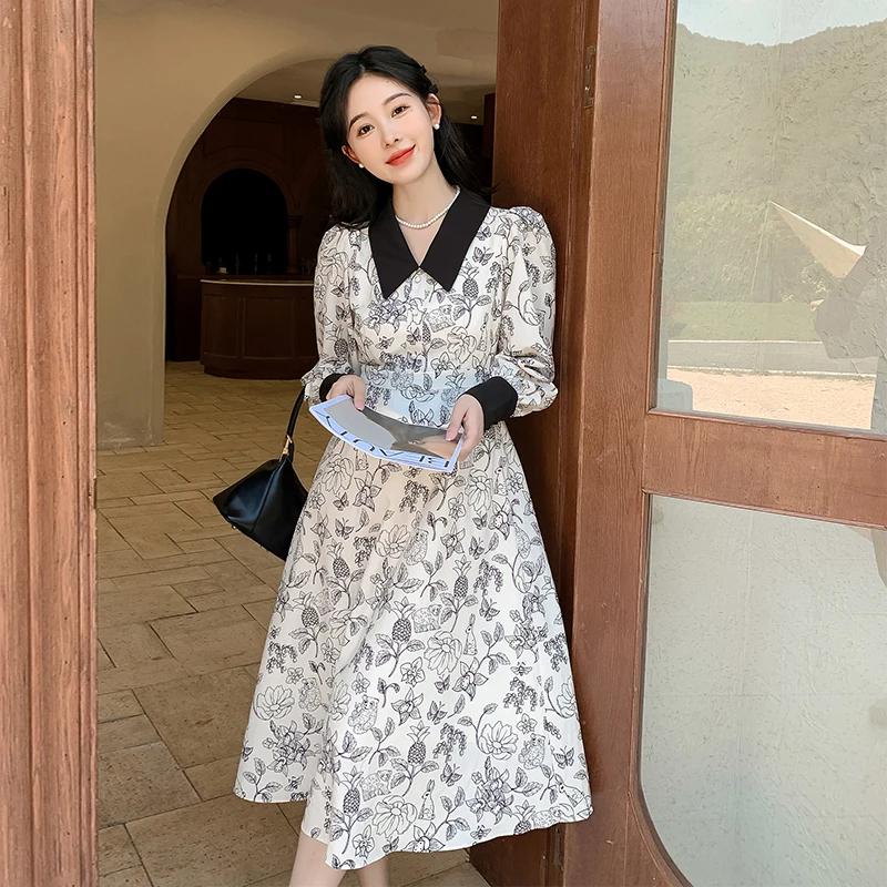 

COIGARSAM Women's Autumn Dress Spring 2022 New French Style Vintage Print Long Sleeve Turn-down Collar Pale Pink Dress