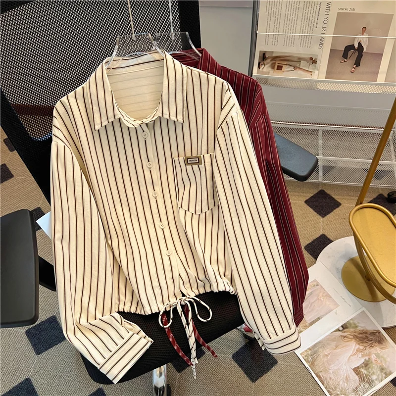 Женская рубашка-поло в полоску с длинным рукавом и бантом