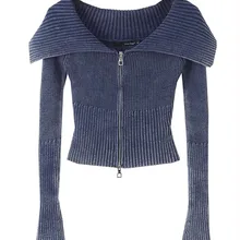 2023 Autumn Y2K Knitted Women Cardigan Sweater Wrist Sleeve Slim Turn-Down Up Collar Double Zippers Female Crop Top C-192