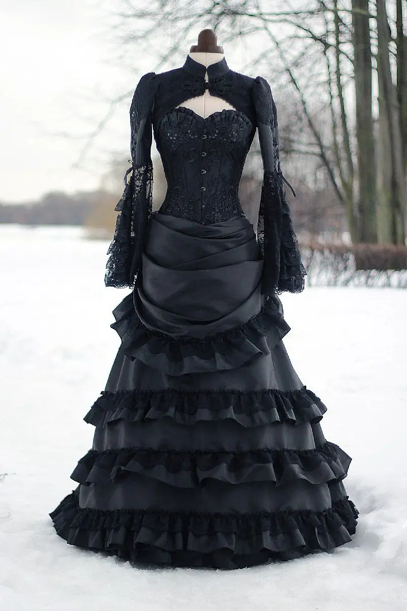 

Black Victorian Bustle Wedding Dresses Historical Medieval Gothic Bridal Gowns High Neck Long Sleeves Corset Masquerade Dress