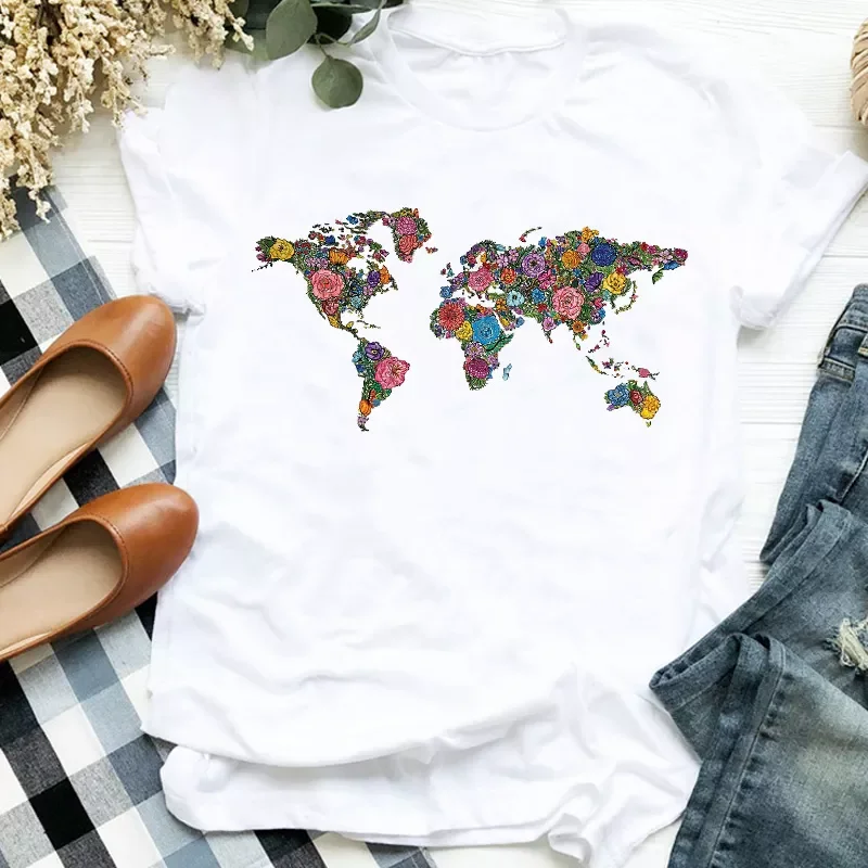 

Women Lady 90s Floral World Travel Dream Fashion Cute Print Casual T Tee Womens Tshirt Female Shirt Clothes Top Graphic T-shirt