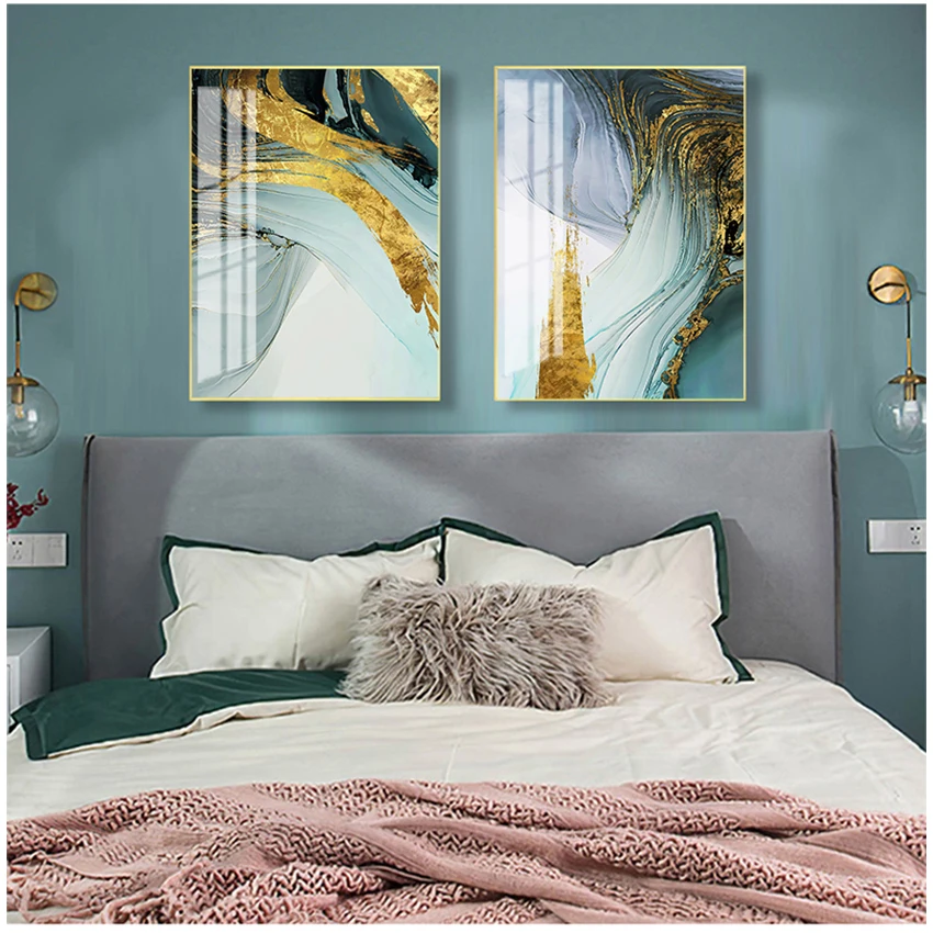 Абстрактная зеленая и Золотая фольга, холст, искусство, модная синяя и печатная Настенная картина для гостиной, Стильная современная декора...