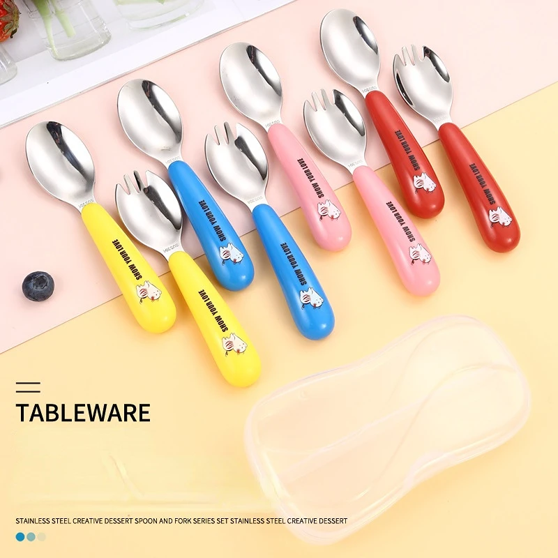 

Набор посуды для кормления детей, посуда из нержавеющей стали с мультяшным рисунком, ложка и вилка для младенцев