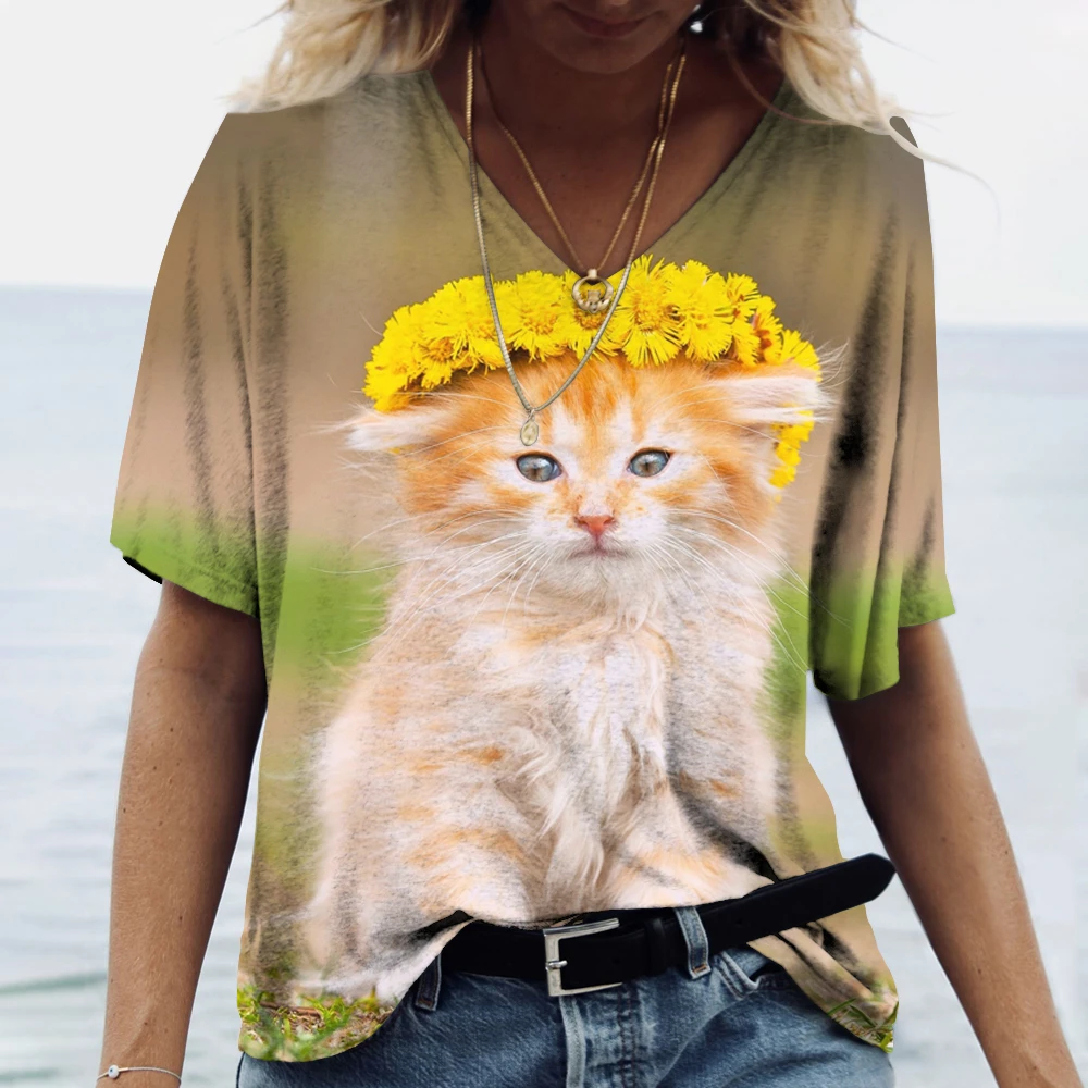 

Summer New T-shirt Kawaii Cat 3D Print Casual V-neck Fashion Versatile Short Sleeve T-shirt Girls' Large Loose Street T-shirt