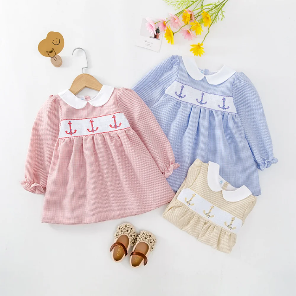 

Boutique Petticoat Baby Girl Clothes Smock Cute Dress Long Sleeve Hand Anchor Embroidery Princess Blue Toddler Suit For 1-6T