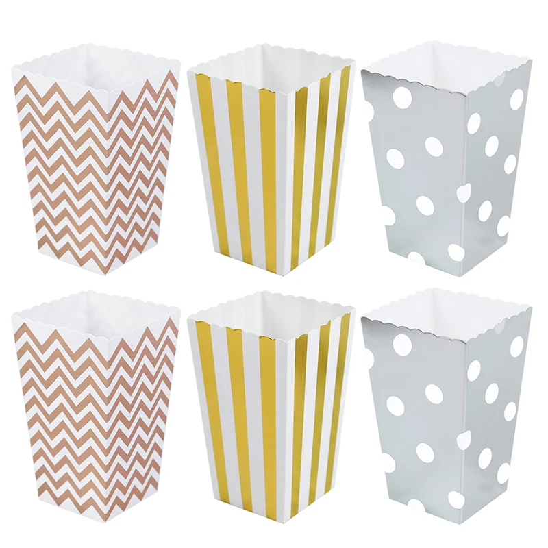 

6/12pcs Rose Gold Paper Popcorn Box Dot Wave Striped Pop Corn Candy Box Gift Bag Wedding Birthday Party Decor Baby Shower Supply