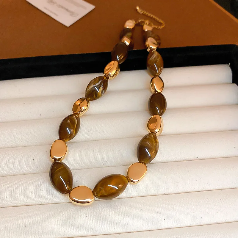 

Винтажное ожерелье сетка из смолы овальное ожерелье из бисера в европейском и американском стиле нишевое ожерелье на цепочке до ключиц для женщин