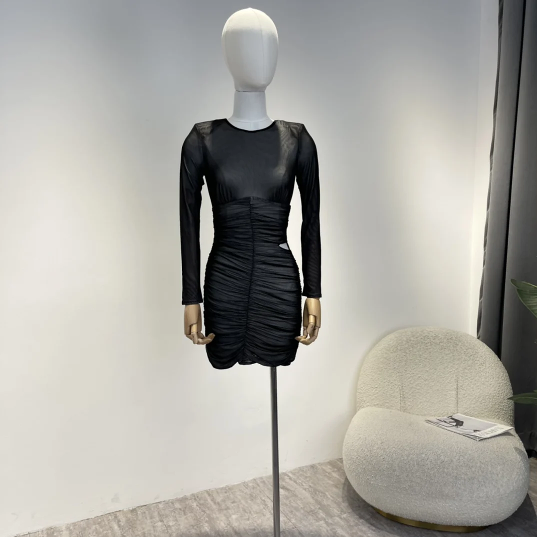 

2023 Autumn Collection See -through Fold Waist Cut Out Unique Design Slim Sexy Solid Black Mini Dresses