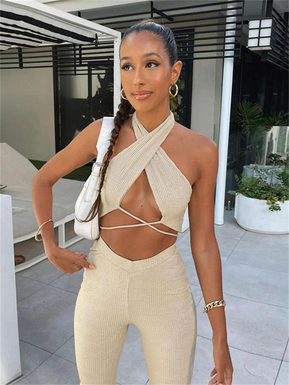 

Halter Neck Crop Top Sets Women Summer Vintage Pants Holiday Fashion Solid Casual Trousers Female High Street Sexy Streetwear