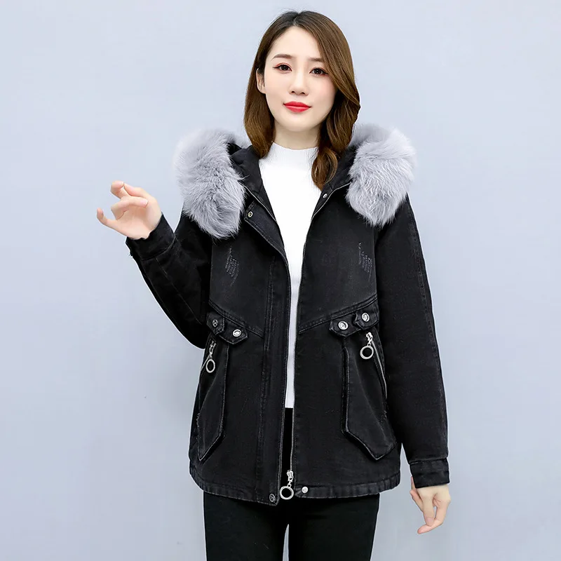 Женское зимнее джинсовое пальто с длинным рукавом и капюшоном новинка хлопковое