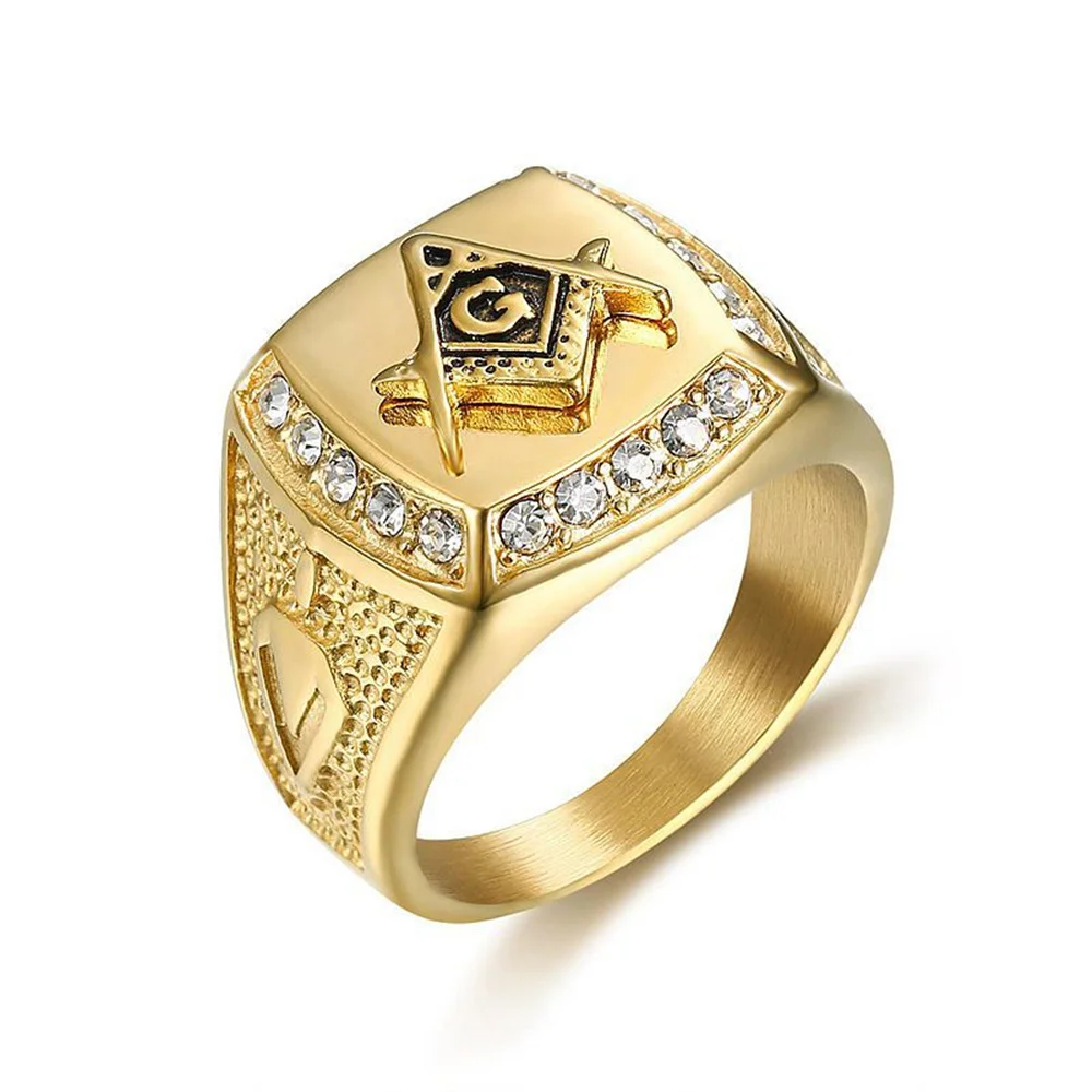 

Hip Hop Iced Out Masonic Ring Wholesale Gold Color Stinless Steel Mason Rings For Men Religious Jewelry Gift