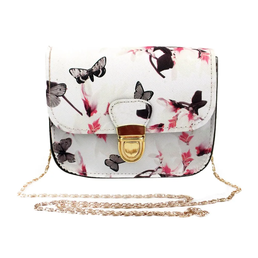 

2022 Women Hot Butterfly Flower Printing Chains Pu Leather Messenger Bag Girl Elegant Shoulder Bag Fashion Purse