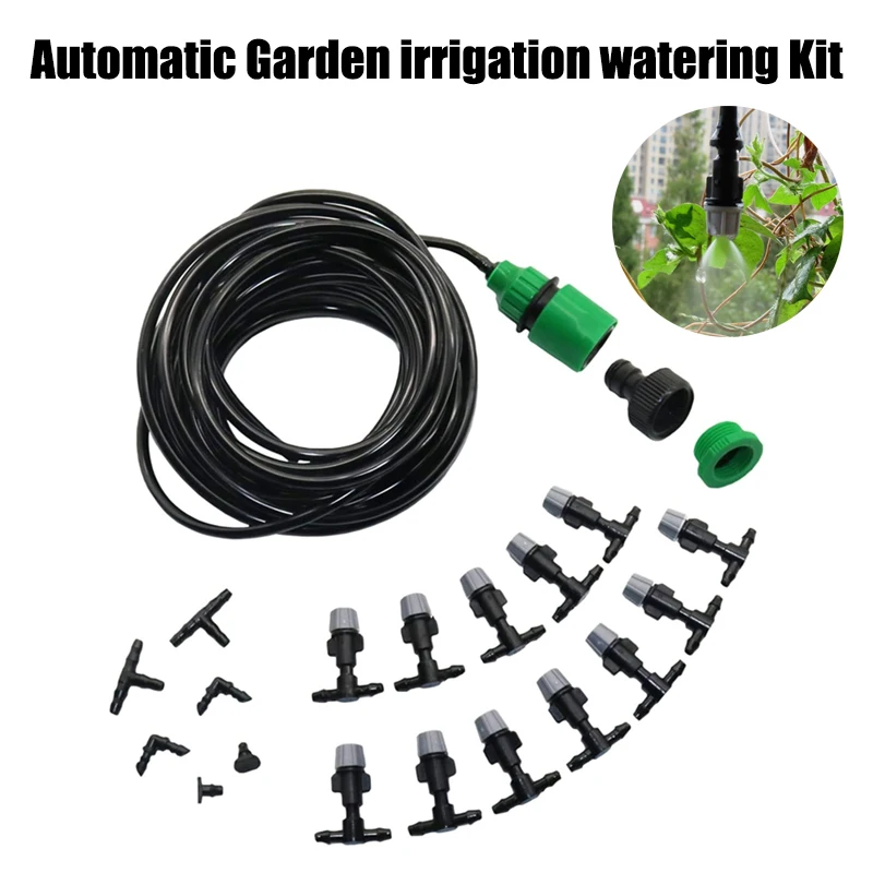 

1 Sets Fog Nozzles Micro Automatic Garden irrigation watering Kit 10m hose and Gray spray head with 4/7mm tee and connector