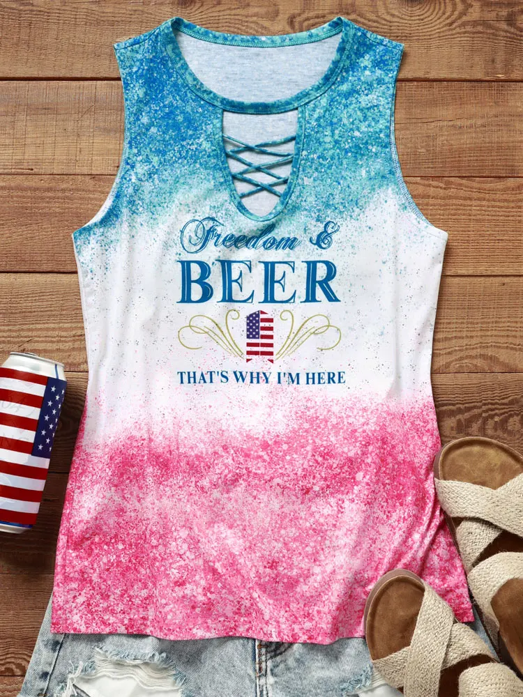 

American Flag Glitter Criss-Cross Hollow Out Tank Letters Printed Y2K Crop Tanks Top Sleeveless Female Summer Basic Tee Club