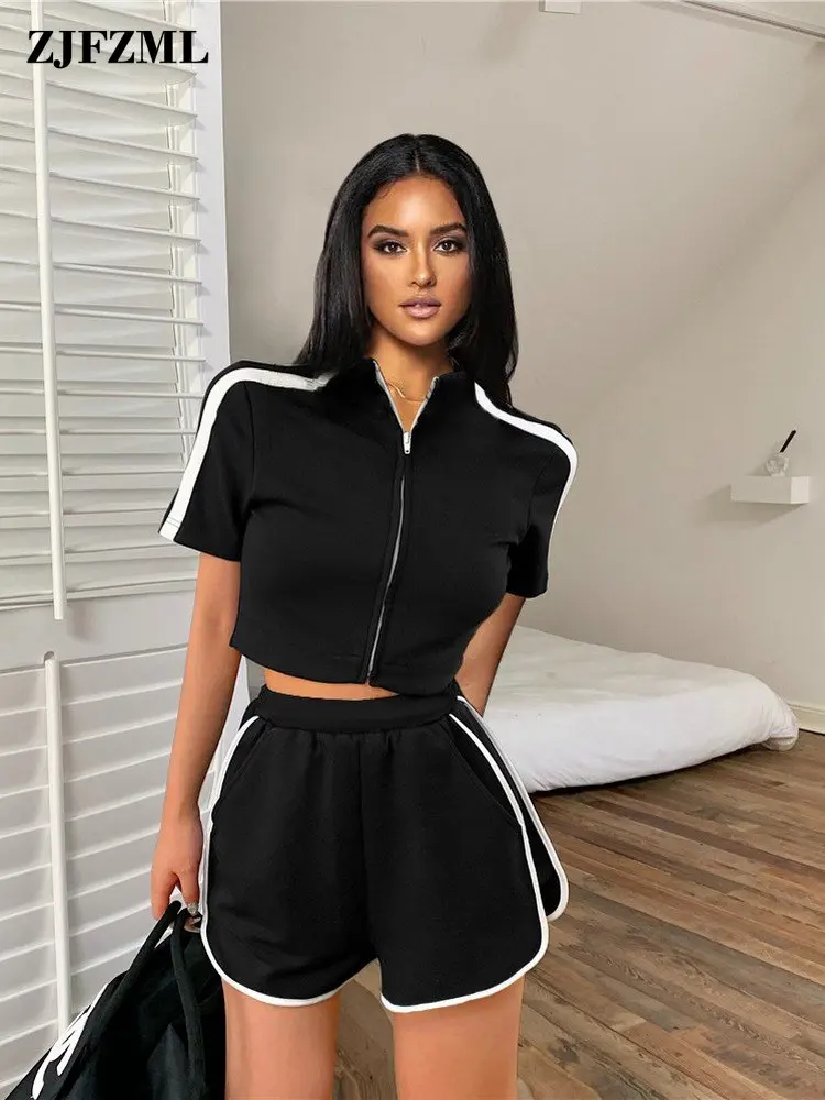

Activewear Women's Sport Suits Zipper Front Short Sleeve Crop Sweatshirt and Elastic Waist Biker Short Summer 2 Piece Tracksuits