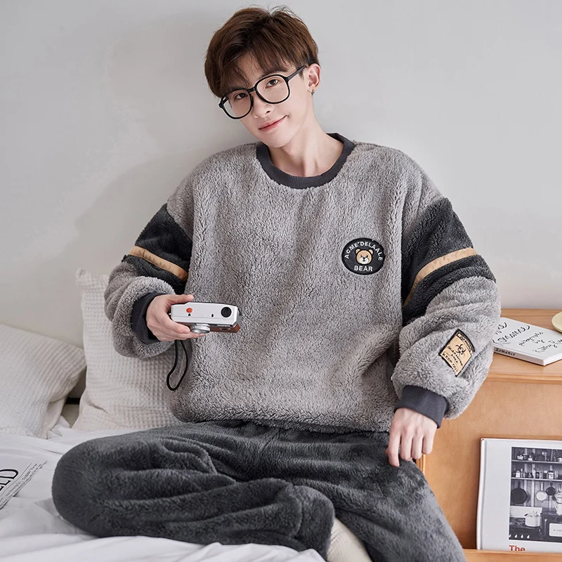 2022 Winter Plus Size Long Sleeve Thick Warm Flannel Pajama Sets For Men Korean Coral Velvet Sleepwear Pyjama Homewear Clothes