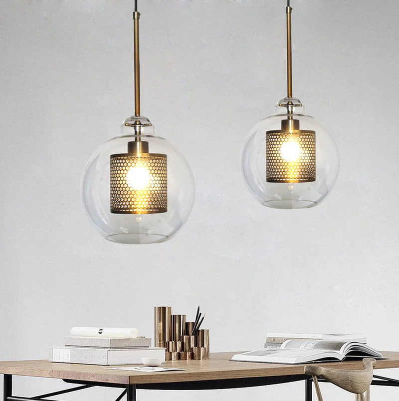 

Metallic Grid Glass Ball Loft Industrial Wind Retro Small Chandelier Hotel Restaurant Art Personality Lamps